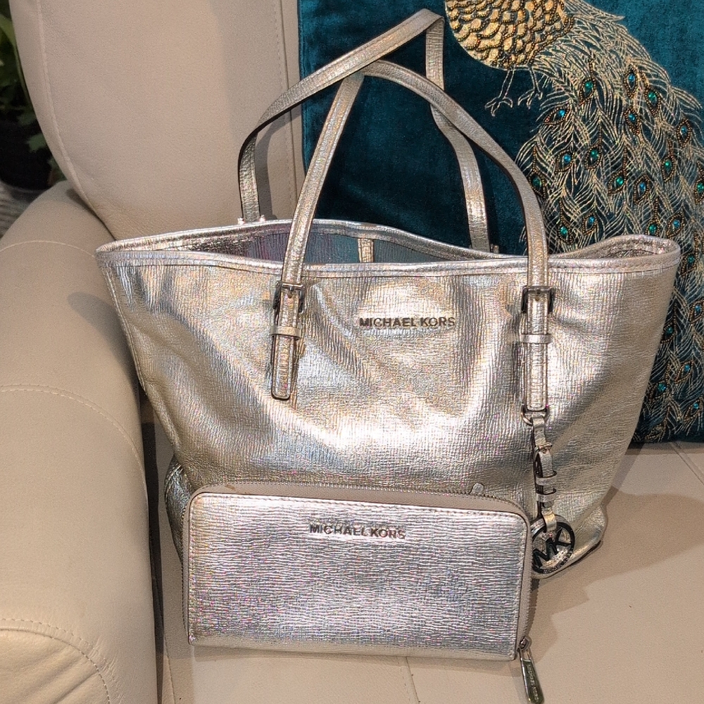 Michael Kors Shimmering Silver Metallic Leather Tote and Matching Wallet - Set